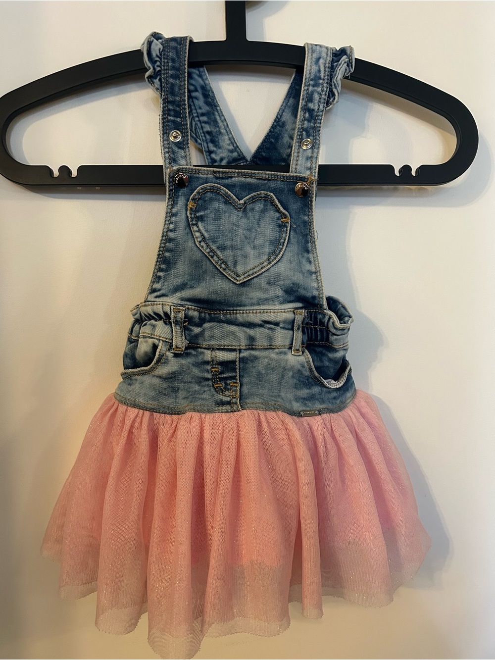 Mayoral Children's Denim Overall Dress with Pink Tulle Skirt Size 18 months.